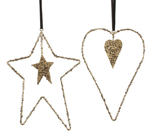 Gold Glitter Wire Heart & Star Ornament