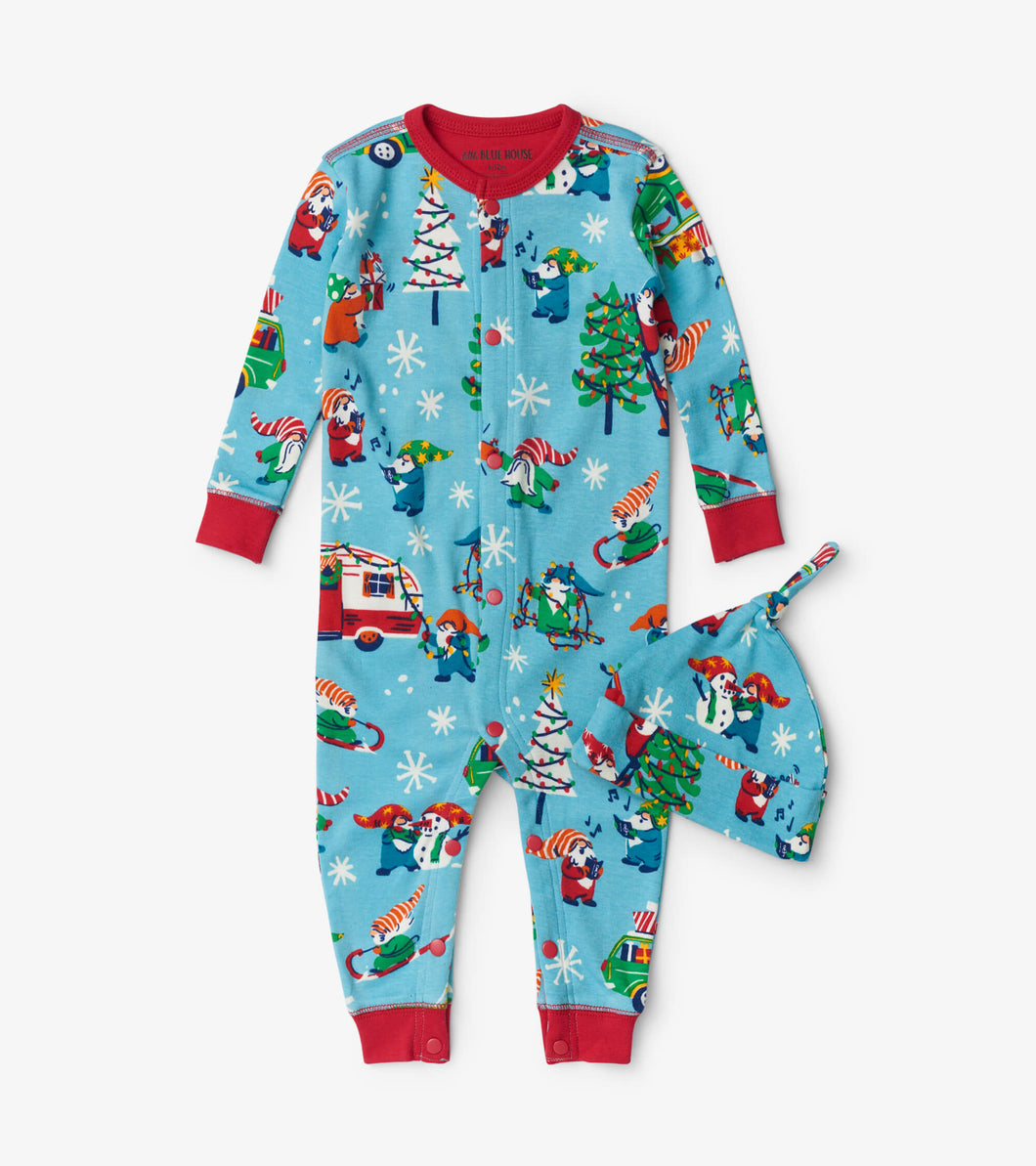 Hatley Little Blue House Blue Gnome for the Holidays Baby Coverall & Hat